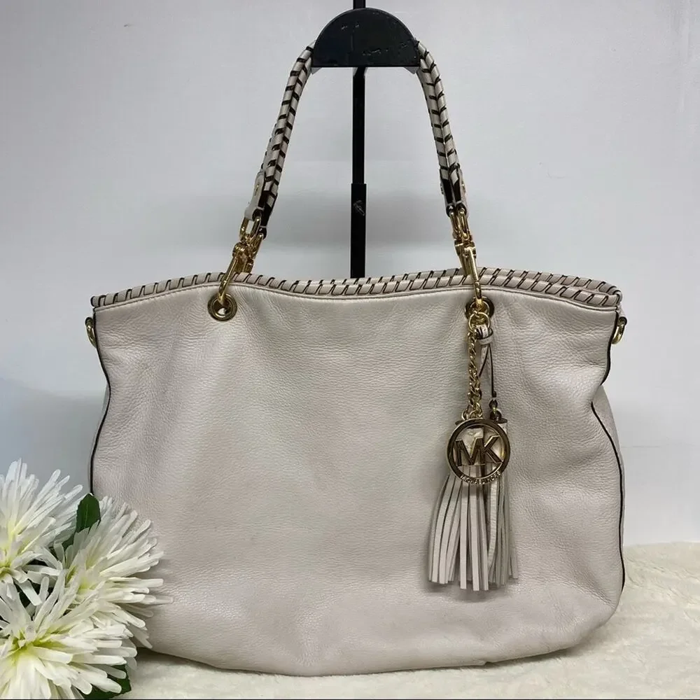 Michael Kors MK Purse Leather Hobo Bag Weave Strap Gold Hardware Cream Large